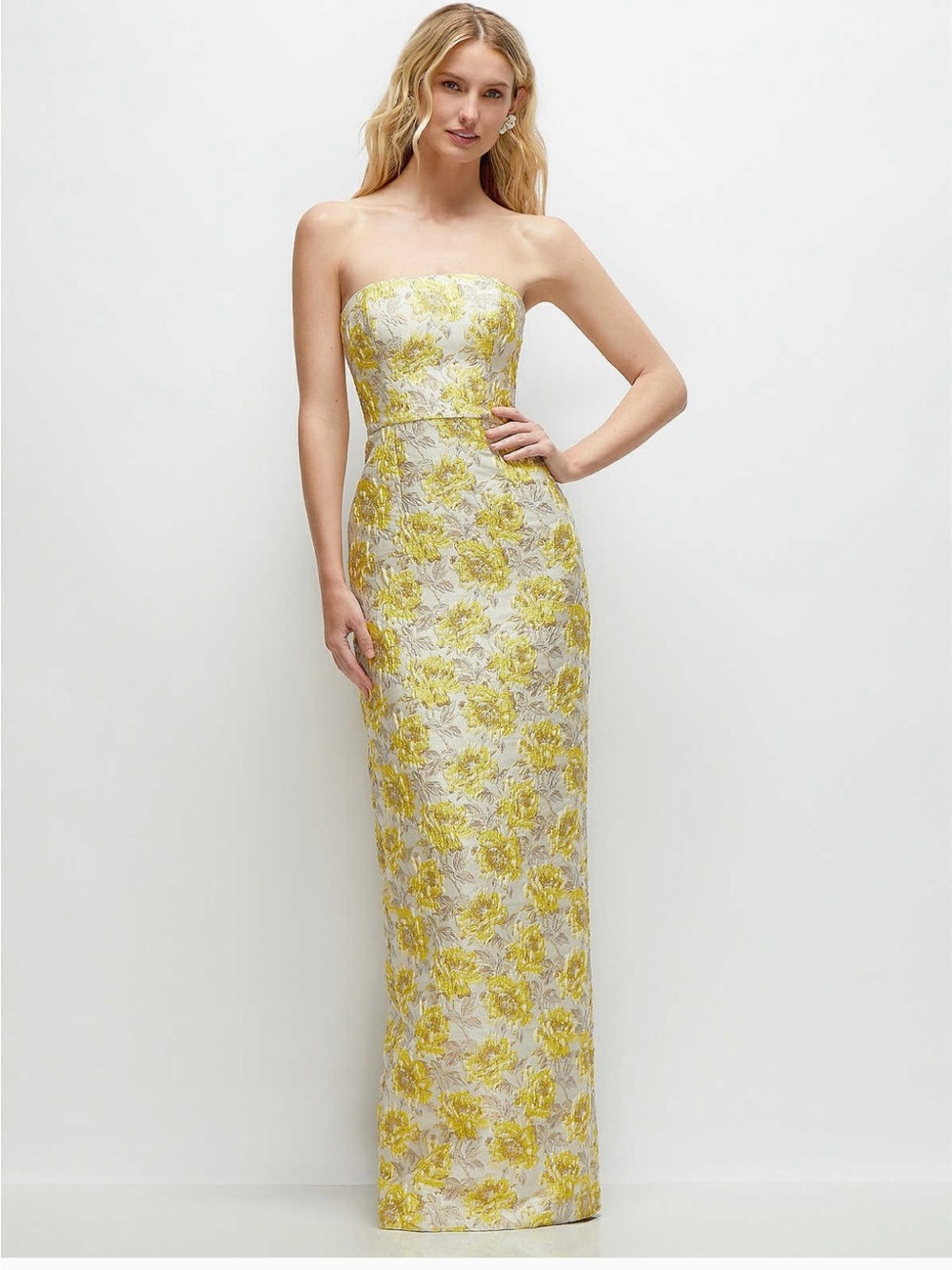Dessy Strapless Floral Jacquard Evening Gown in Yellow and Cream- NWT